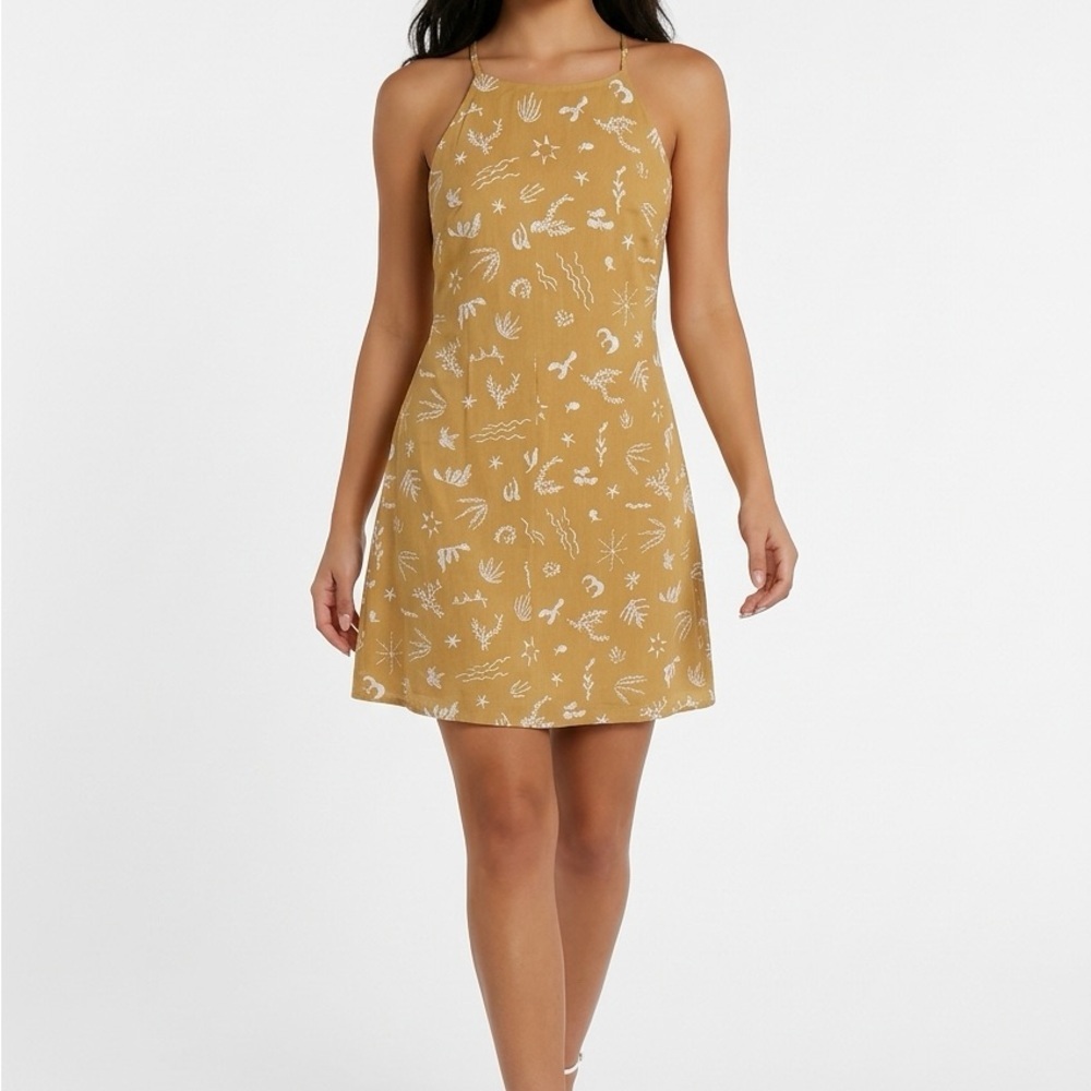 a new day Mustard Yellow Halter Backless Sundress with White Print